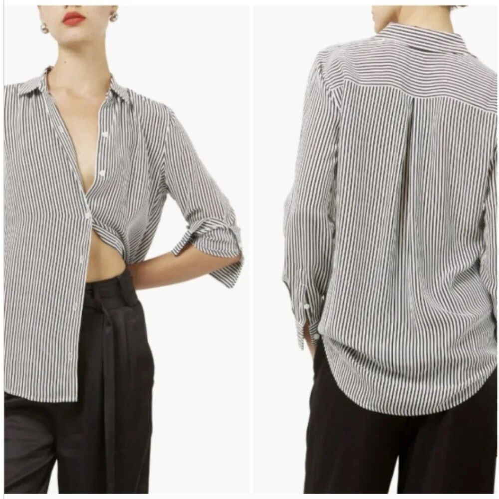 NWOT SZ L ESSENTIAL Femme Black White Striped 100% Silk Long Sleeve Blouse